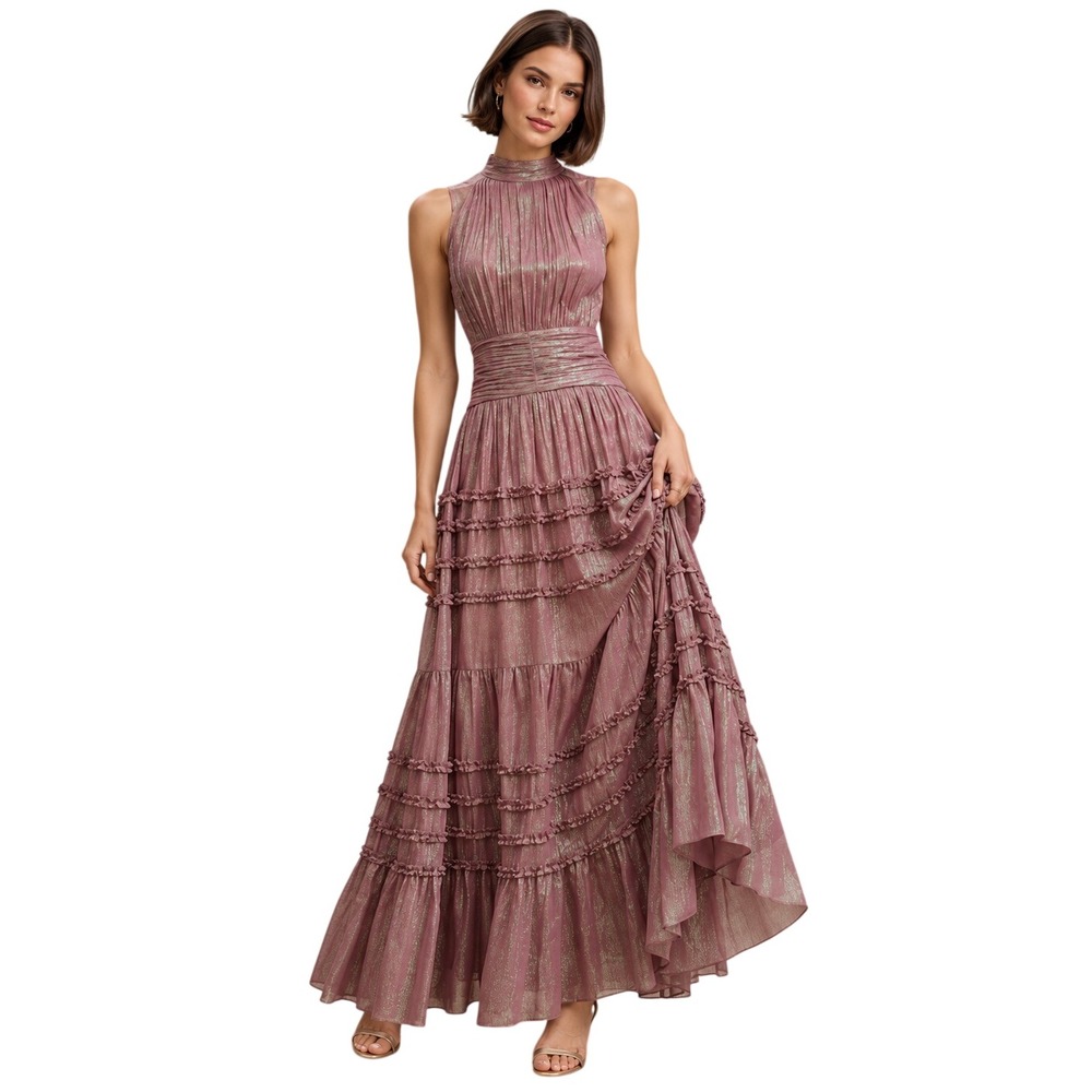 BHLDN Juniper Iridescent Metallic Romantic Statement Backless Tiered Maxi Gown 2